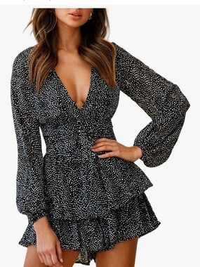 Black & White Dot V-Neck Long Sleeve Romper